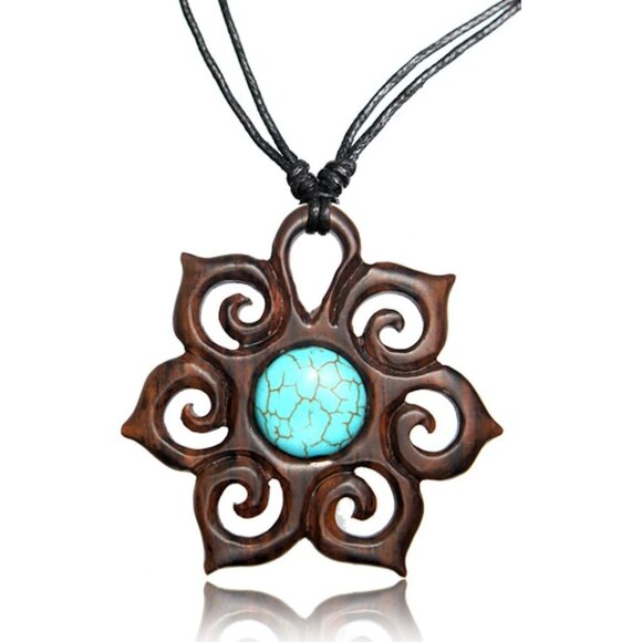 Jewelry - Adjustable Turquoise Necklace with Organic Wood - Mandala Flower of Life Turquoi